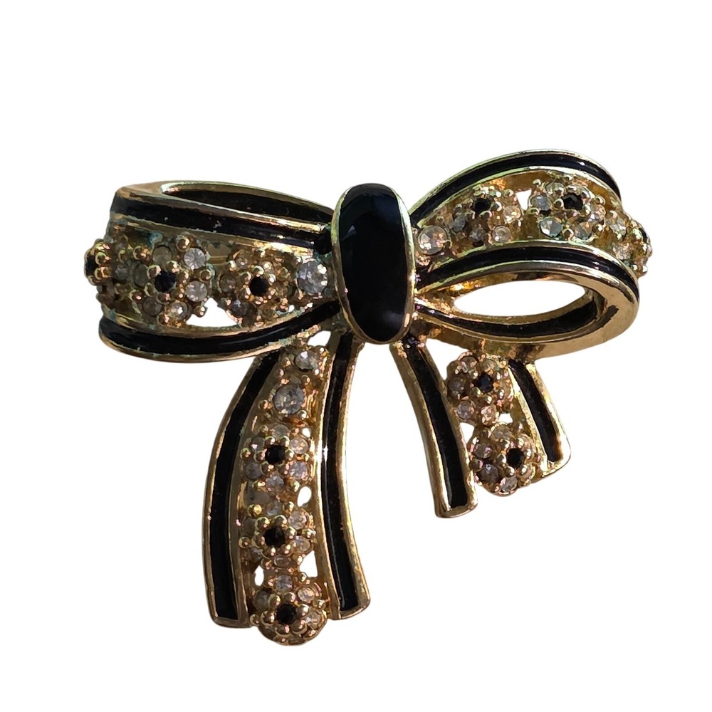 Anne Klein‎ Vintage Gold Tone Black Enamel Rhinestone Bow Brooch Pin 2"